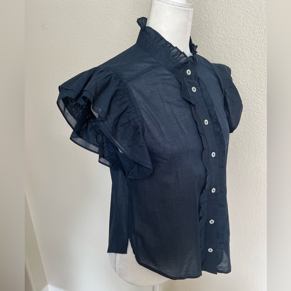 Veronica Beard Small navy blue cotton ruffles lightweight sleeveless blouse